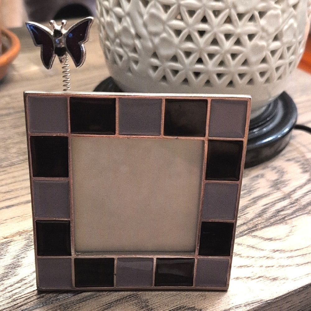 Enamel Checkered Square Butterfly Photo Frame - Purple and Lavender